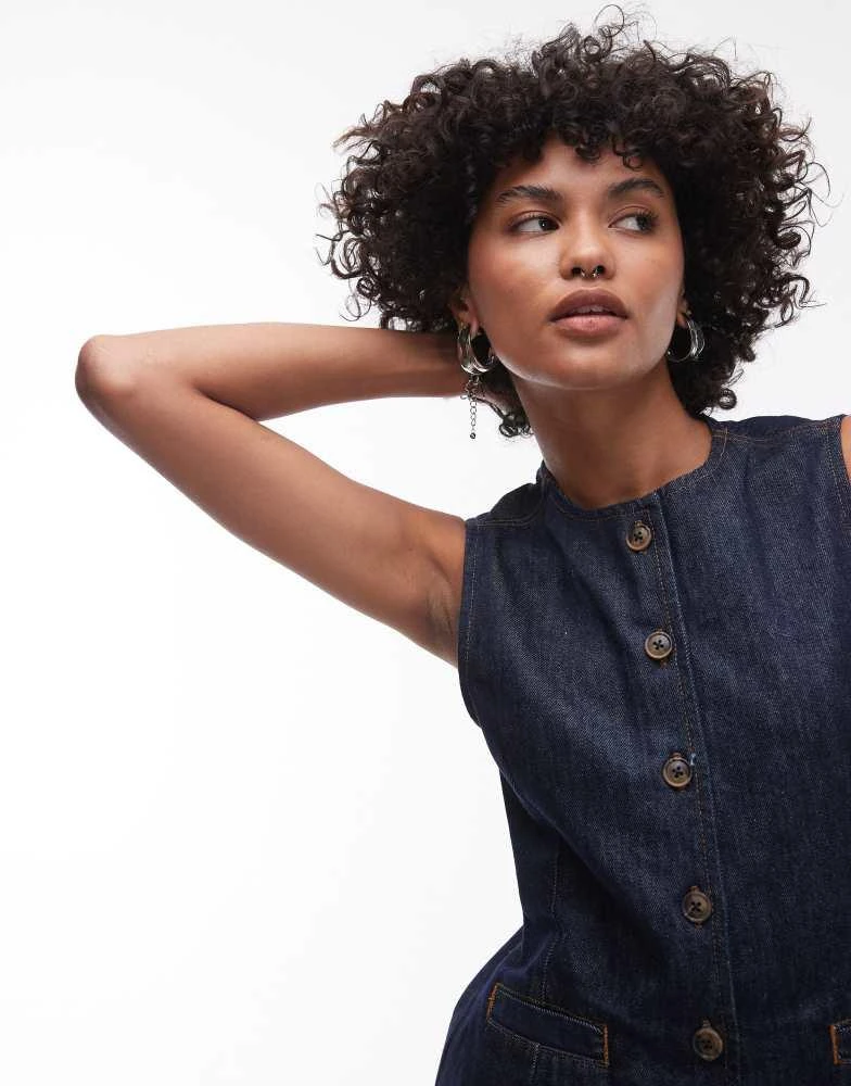 Topshop Topshop denim high neck waistcoat in raw look indigo 1