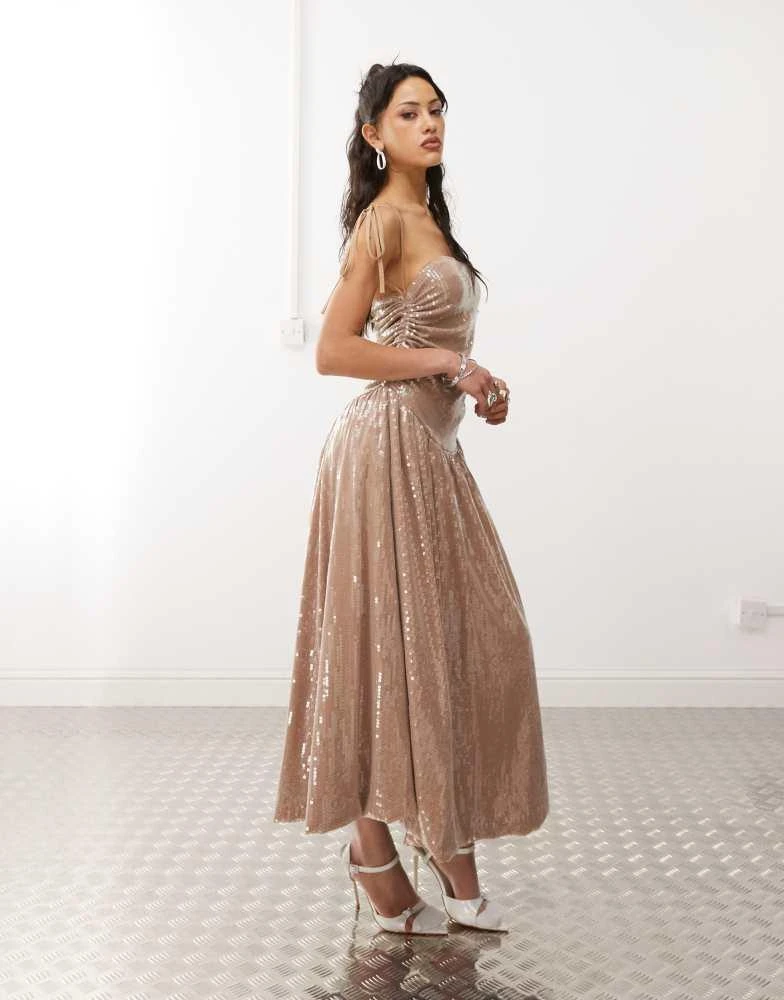 Amy Lynn Amy Lynn Alexa puffball sequin midi dress in light brown 1