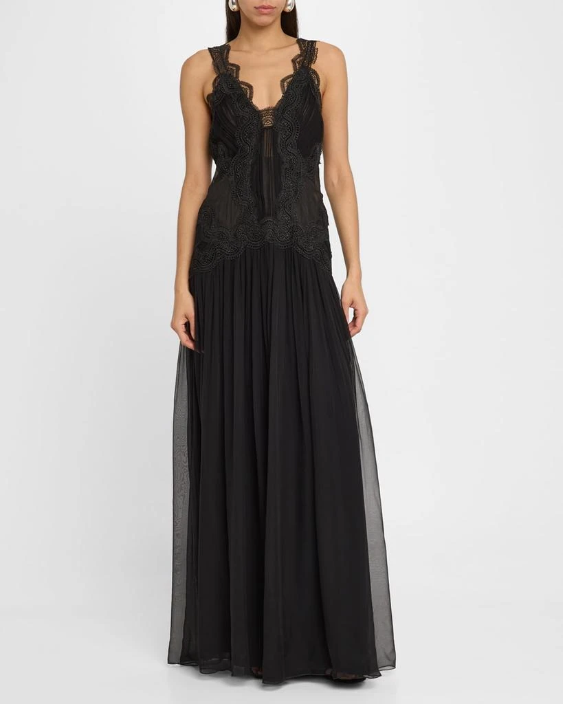 Alberta Ferretti Lace Drop-Waist Organic Chiffon Backless Gown 4