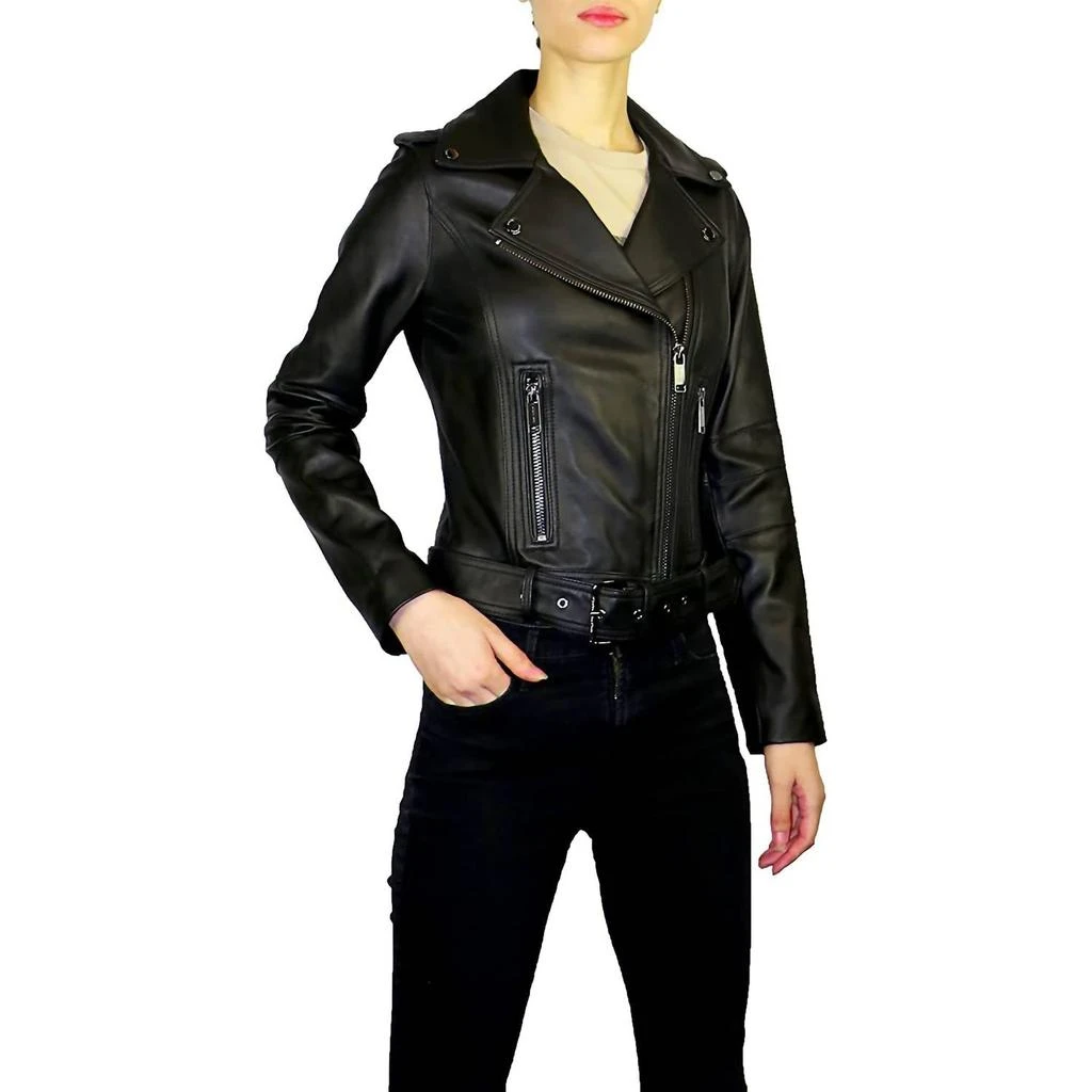 Michael Kors Outerwear Asymmetrical Zip Belted Short Leather Jacket In Black 1