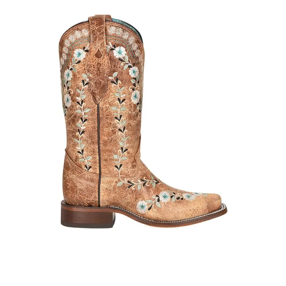 Corral Boots Distressed Glow In The Dark Floral Embroidered Square Toe Pull On Cowboy Boots