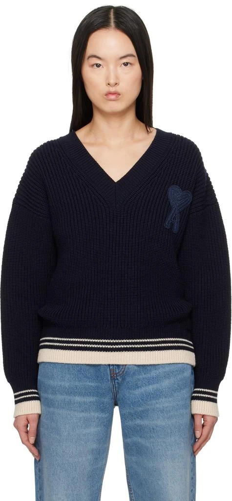 AMI Navy Wool Ribbed V-Neck Sweater 1