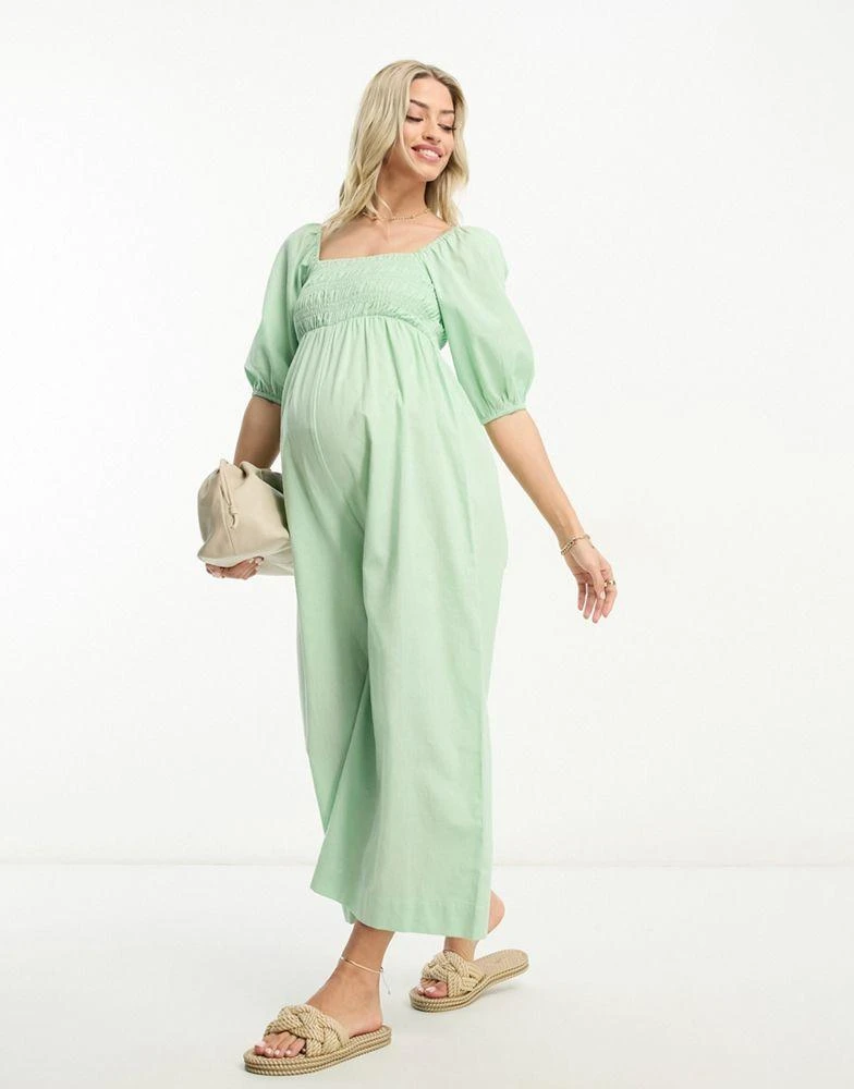 ASOS ASOS DESIGN Maternity linen look shirred puff sleeve jumpsuit in sage 4