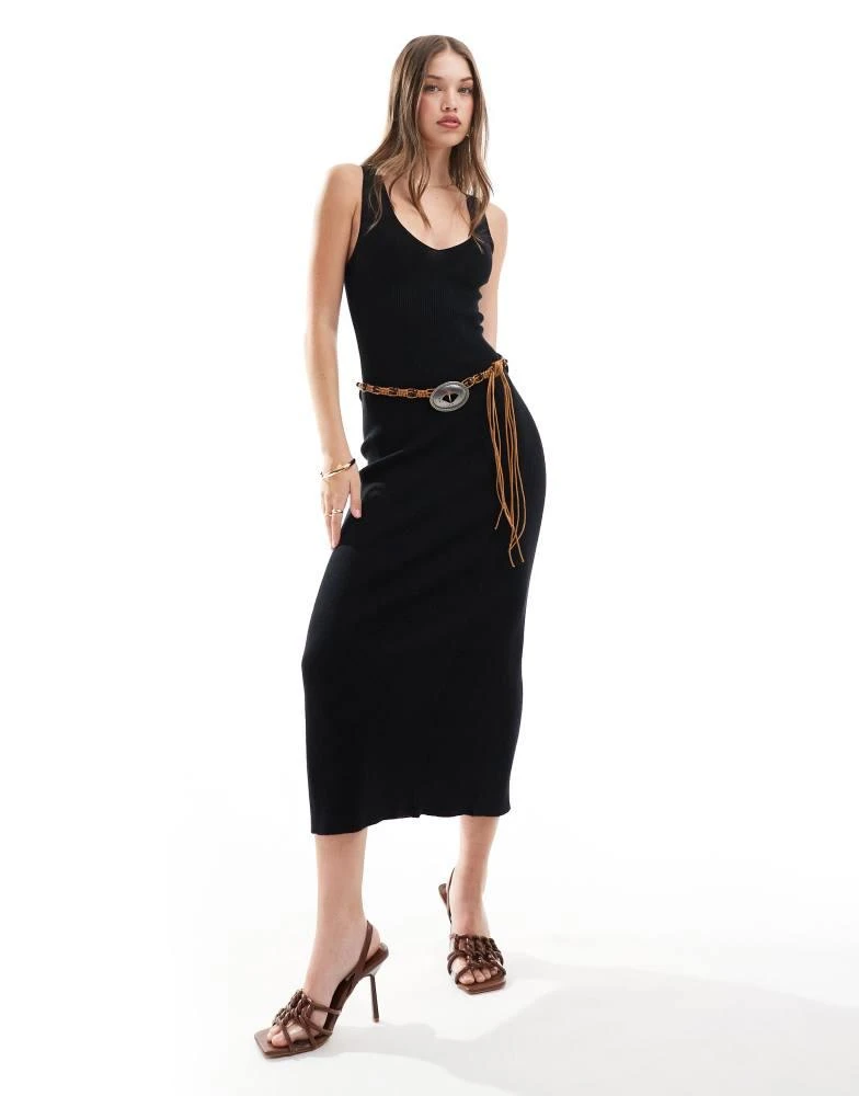 Mango Mango knitted ribbed midi dress in black 1