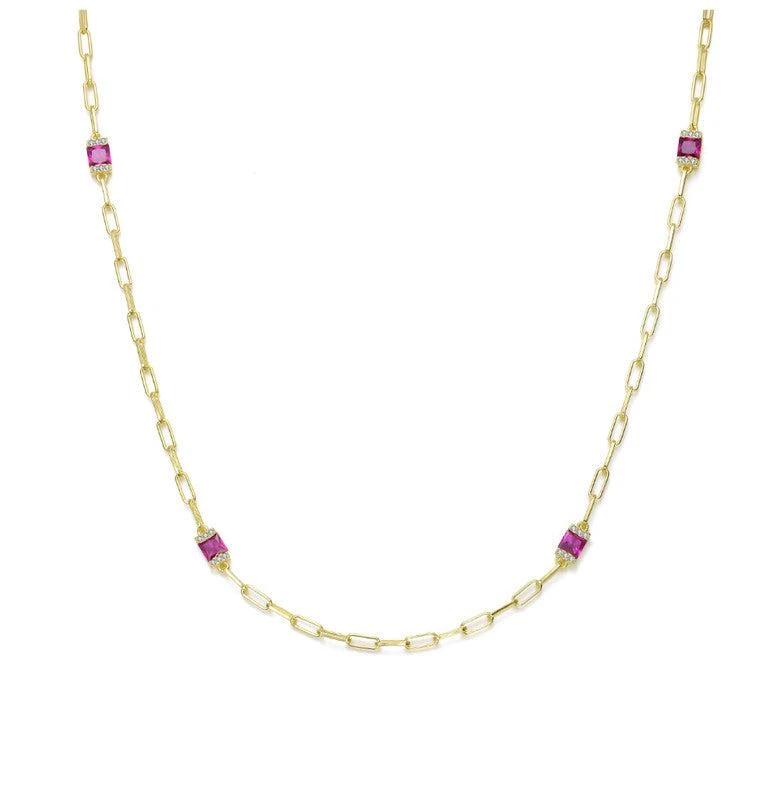 Rachel Glauber 14K Gold Plated with Ruby Red Cubic Zirconia Square Accents Chain Necklace