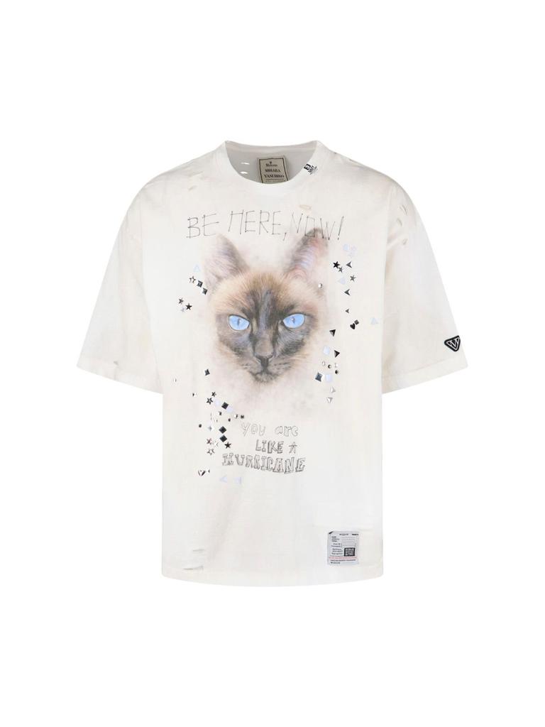 Maison Mihara Yasuhiro Cat Printed Embellished Distressed T-Shirt