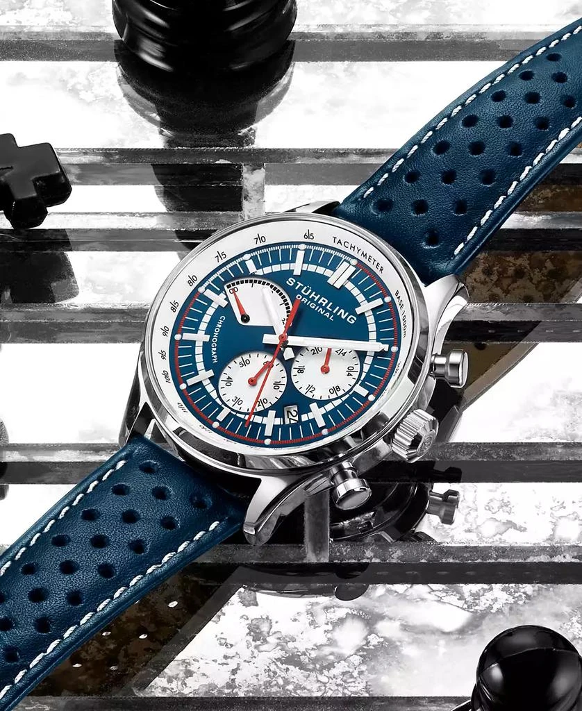 Stuhrling Men's Blue Leather Strap Watch 42mm 3