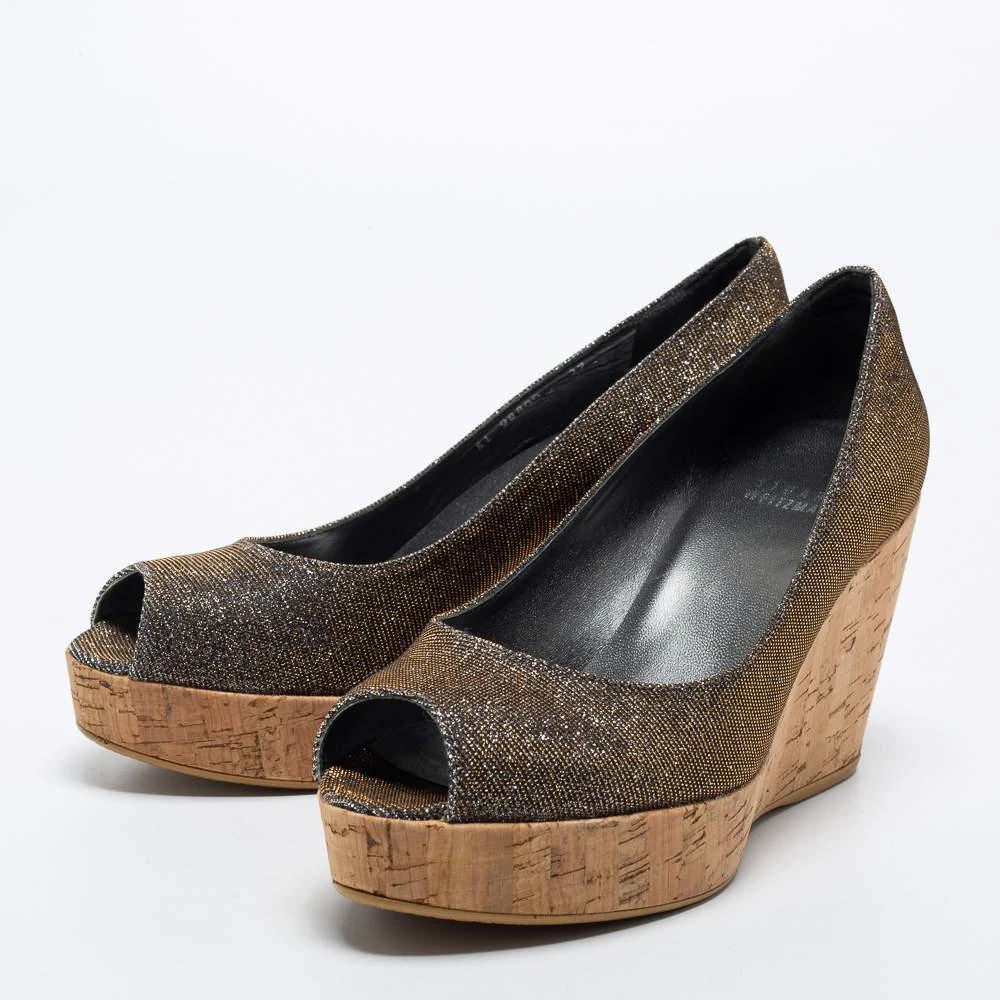 Stuart Weitzman Stuart Weitzman Grey Lurex Fabric Anna Cork Wedge Platform Peep Toe Pumps Size 37 2