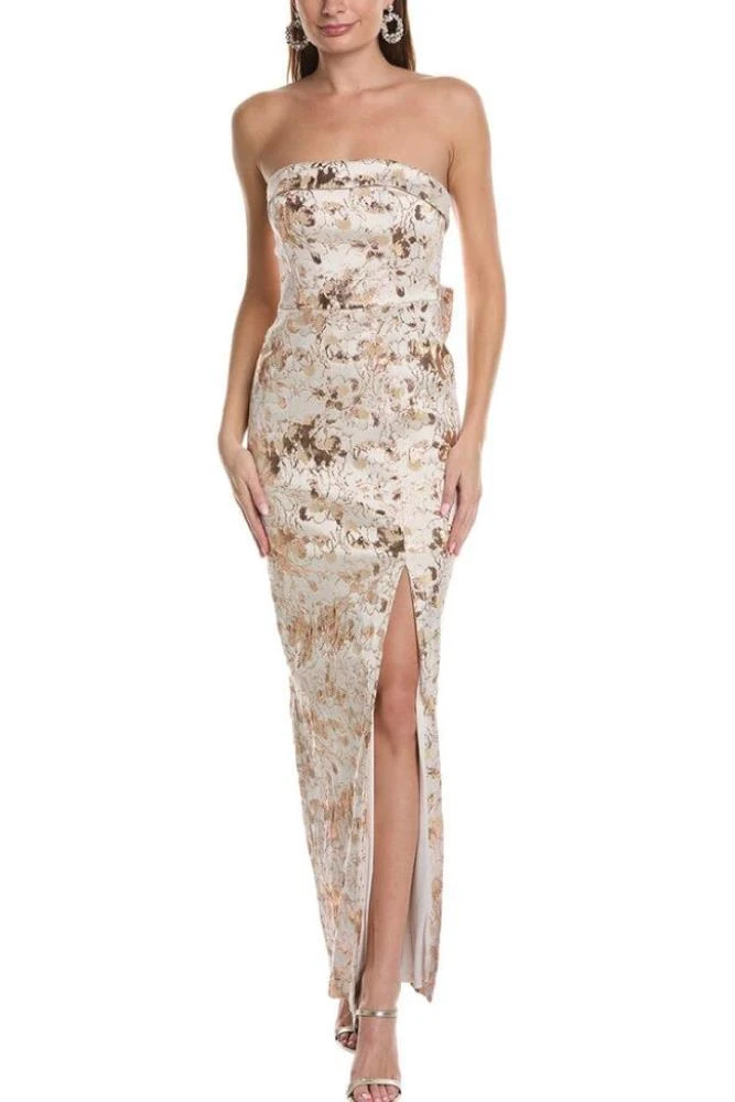 TRUEDAMES Floral Metallic Jacquard Strapless Bow Detail Gown