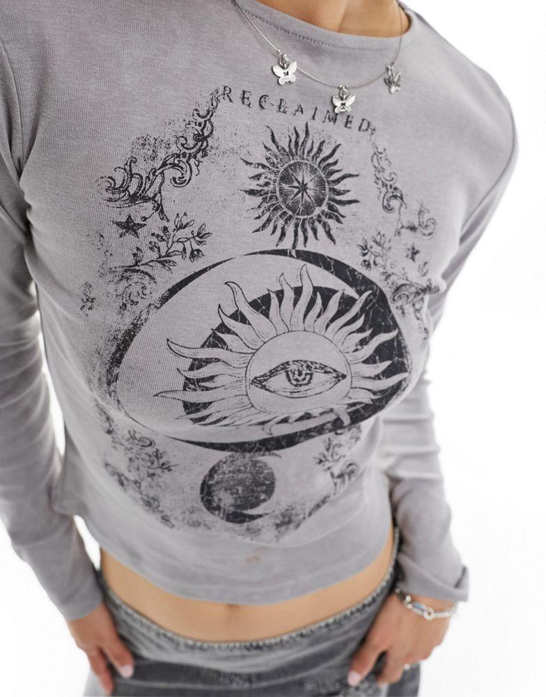 Reclaimed Vintage Reclaimed Vintage celestial graphic long sleeve baby tee in charcoal acid wash