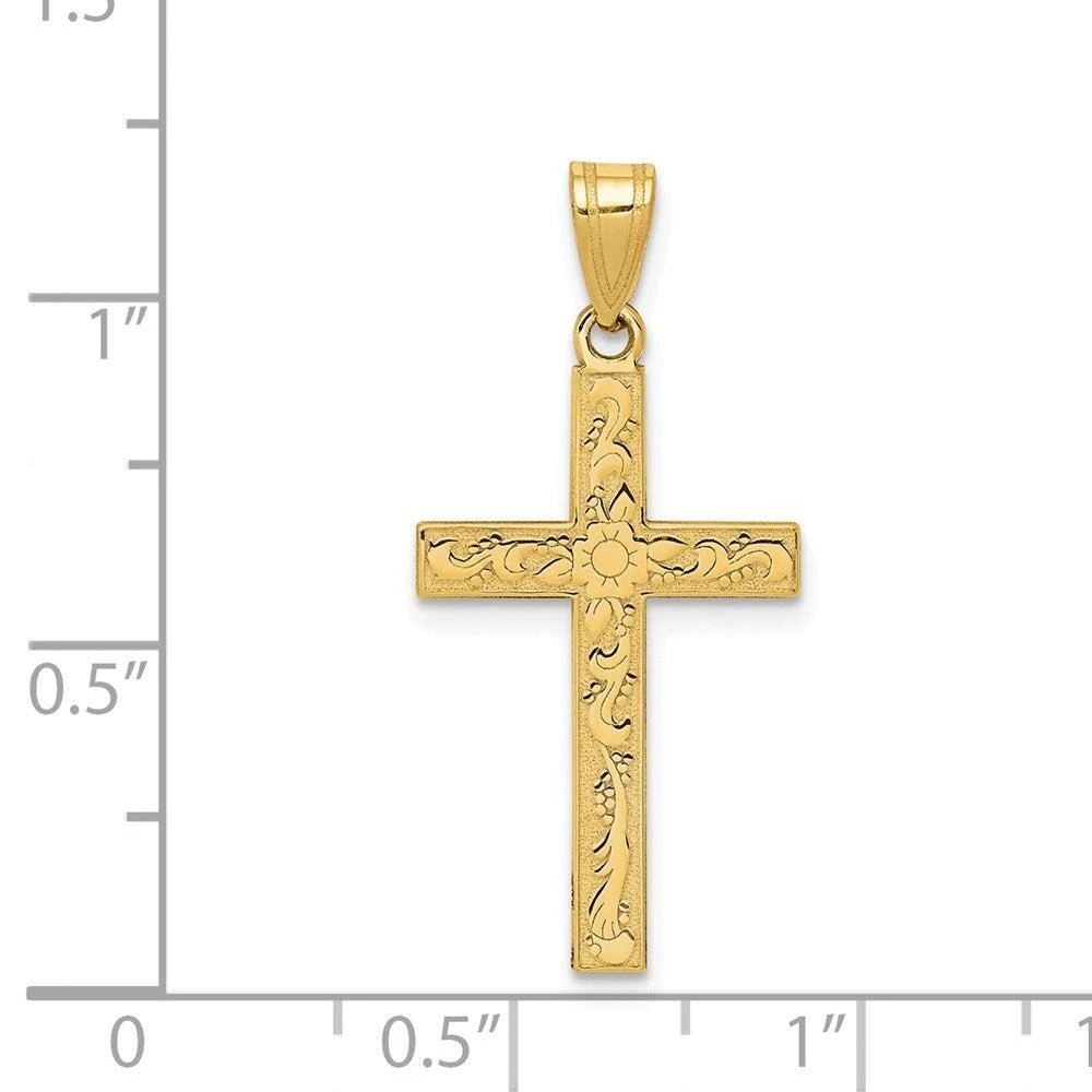 Diamond2Deal 14k Yellow Gold Etched Floral Cross Pendant 3
