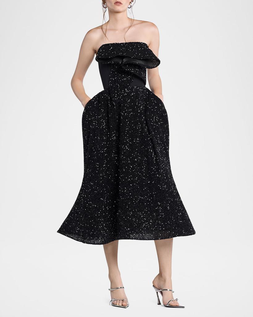 Maticevski Rotation Strapless Ruffle Sequined Midi Dress