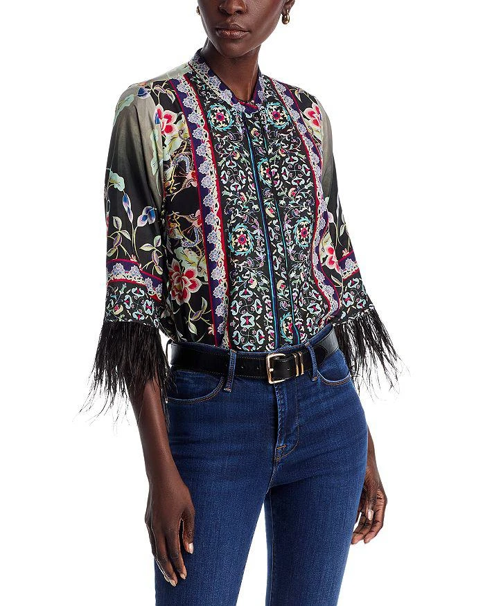 Johnny Was Lewella Silk Feather Trim Blouse 1