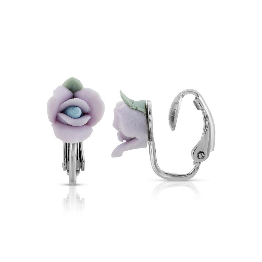 2028 Silver Tone Porcelain Rose Clip-on Earrings