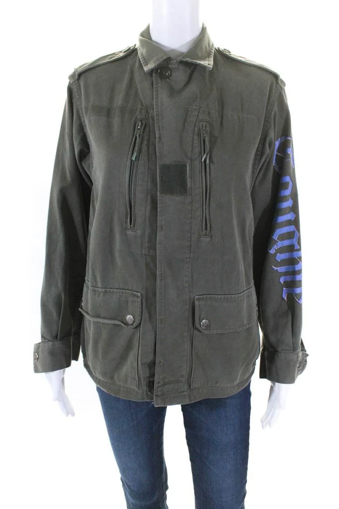 Libertine Womens Button Front Collared Skull Back Jacket Green Cotton Medium 1