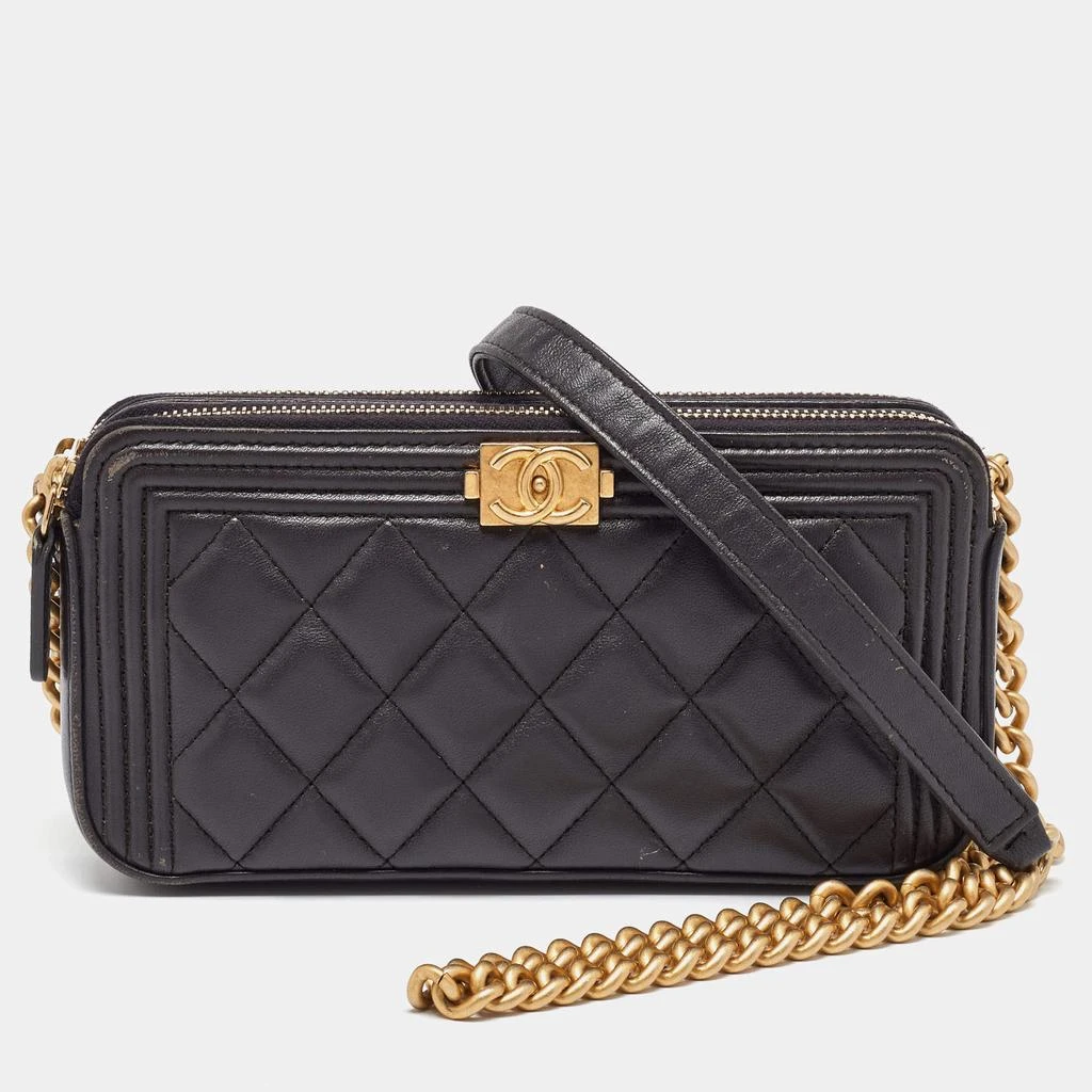 Chanel Chanel Grey Quilted Leather Boy Double Zip Chain Clutch 1