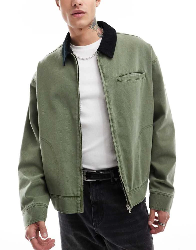 ASOS ASOS DESIGN oversized washed harrington jacket with cord collar in khaki 1