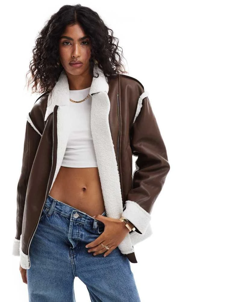 SNDYS SNDYS leather look borg contrast aviator jacket in brown 1