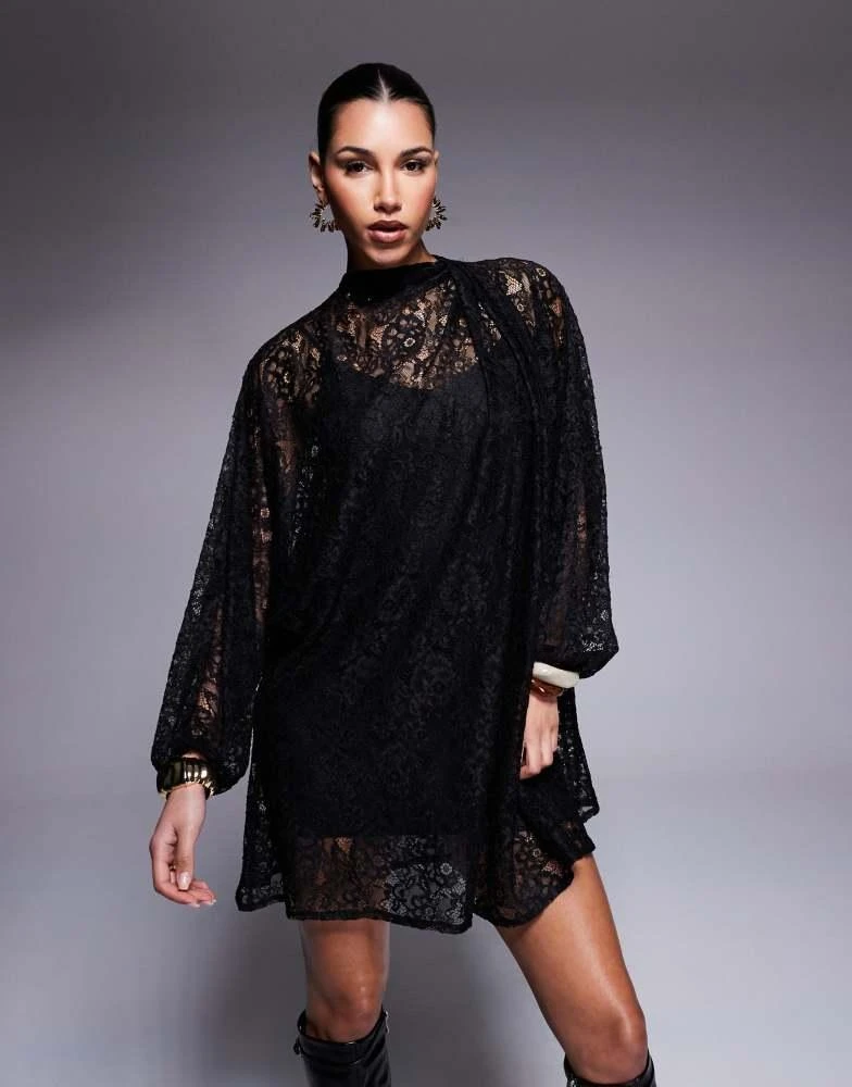 chinese dress ladies ASOS DESIGN t-shirt mini dress with lace sleeves in black – ASOS Sample Sale main image 0