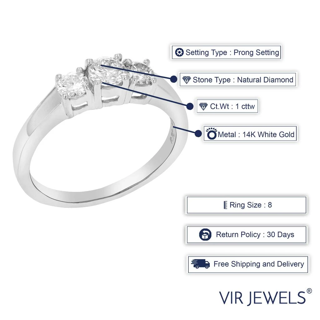 Vir Jewels 1 cttw 3 Stone Diamond Engagement Ring 14K White Gold Round Bridal Wedding 3