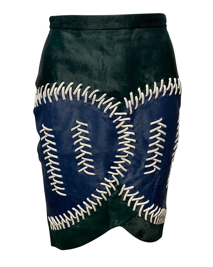PETER PILOTTO Color Block Fur Skirt with Lace Detail in Multicolor Leather