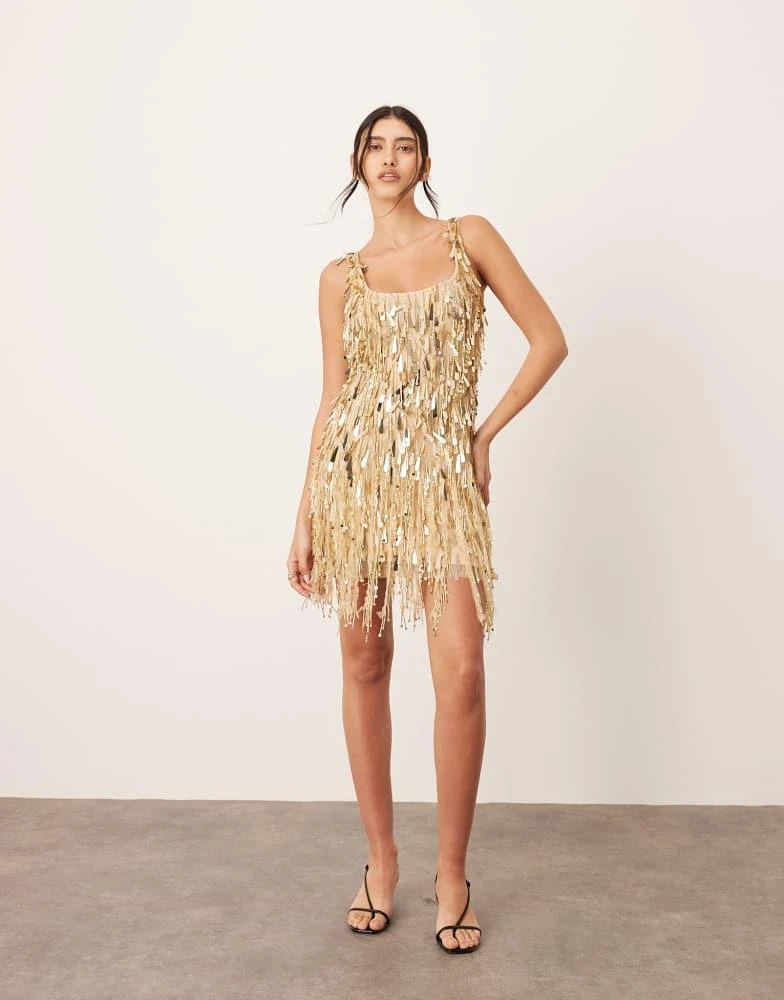 Shop ARRANGE embellished fringe hem scoop neck mini dress with in gold on  Sale at BeyondStyle  Get 17% Off ARRANGE embellished fringe hem scoop neck mini  dress with in gold with