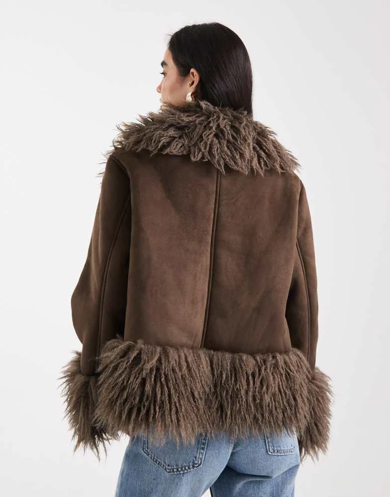 ASOS ASOS DESIGN penny lane faux fur trim coat in brown 3