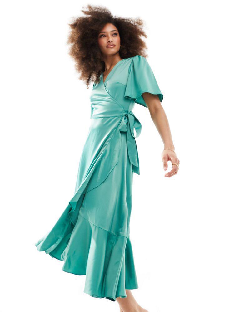 Y.A.S. YAS Bridesmaid satin wrap midi dress in green - MGREEN