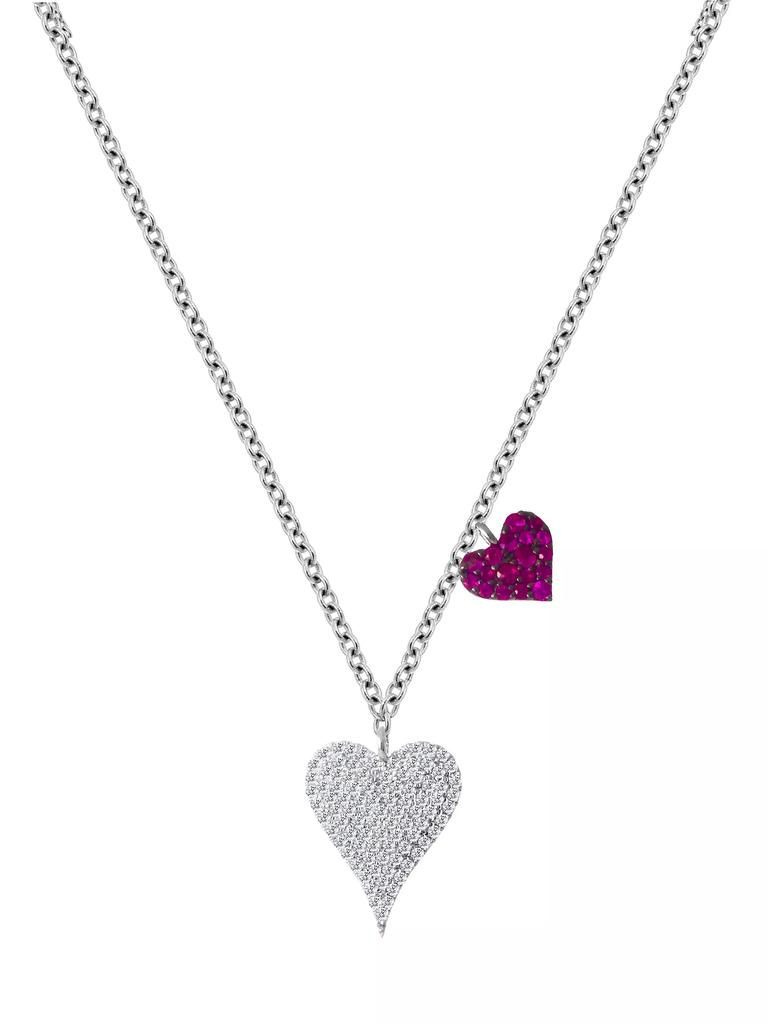 Meira T 14K White Gold Diamond & Ruby Double Heart Pendant Necklace