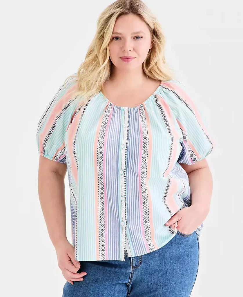 Style & Co Plus Size Cotton Button-Front Puff-Sleeve Top, Macy's Exclusive