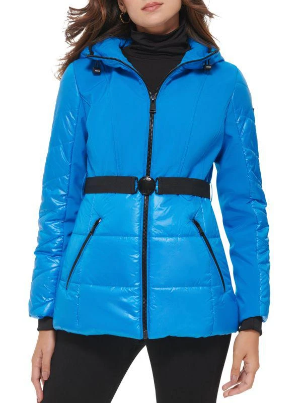 GUESS MIxed Media Belted Hooded Puffer Jacket 1