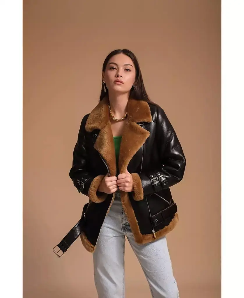 Furniq UK Women's Leather Sheepskin Jacket, Brown, Created for Macy's
