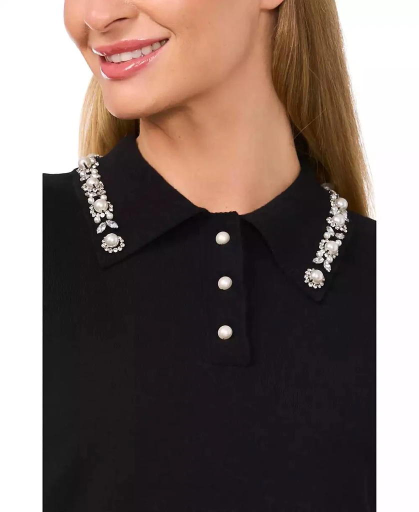 CeCe Women's Short Sleeve Polo Sweater with Embellished Collar 3