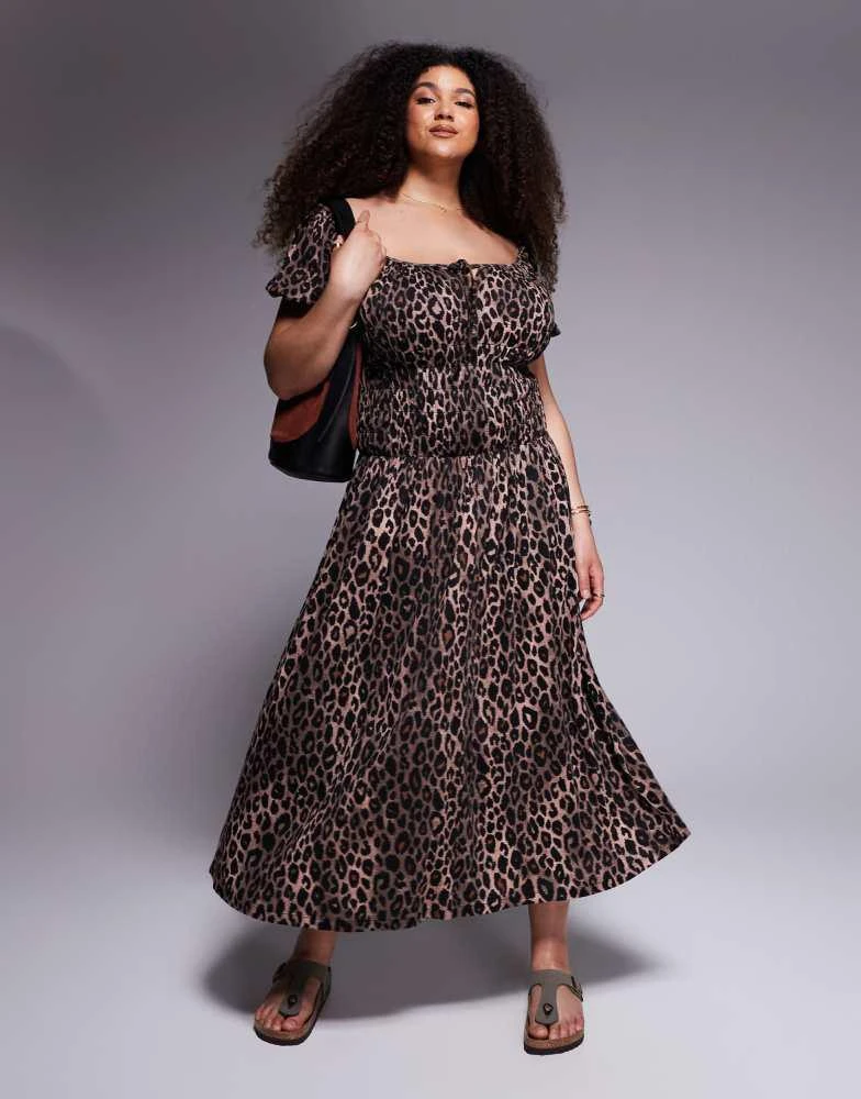 ASOS DESIGN Curve crinkle shirred waist milkmaid puff sleeve midi tea dress  in leopard print  On Sale Now with Up to 75% Off | Discover Exclusive  Deals & Savings at BeyondStyle