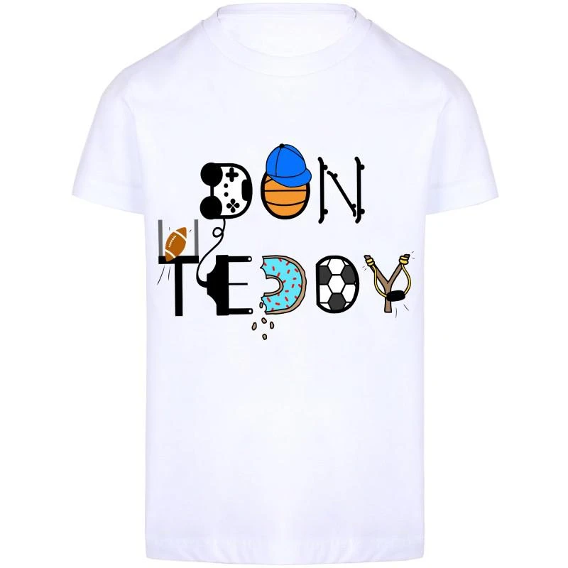 DON TEDDY Don teddy logo white t shirt with fun colorful lettering 1