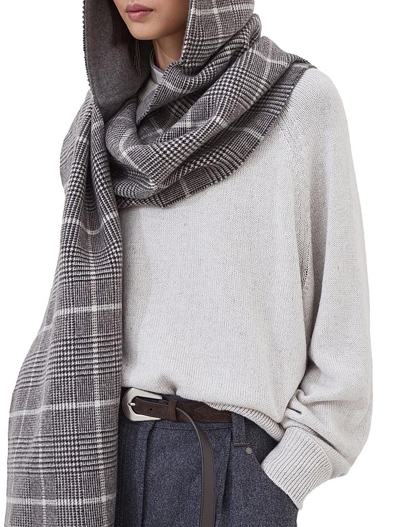 Brunello Cucinelli Cashmere Prince of Wales Double Cloth Scarf with Hood