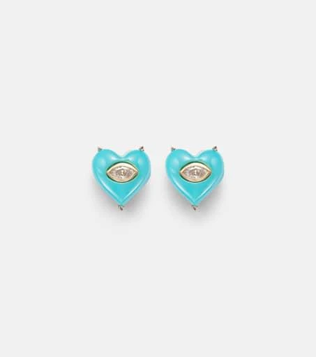 Sydney Evan 14kt gold (585/1000) stud earrings with diamonds and turquoises
