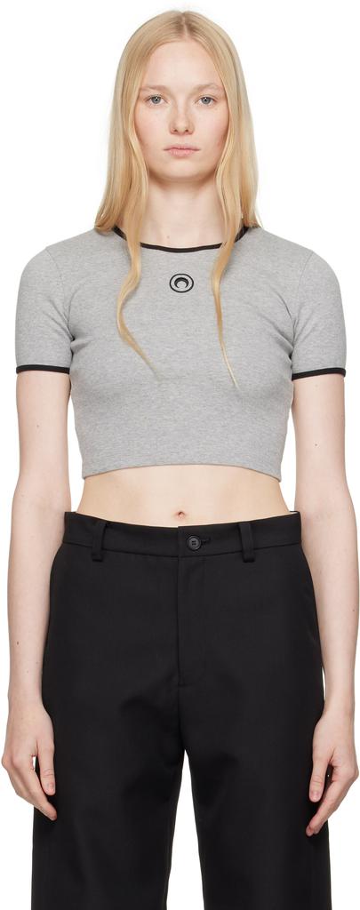 MARINE SERRE Gray Moon Logo Jersey Cropped T-shirt
