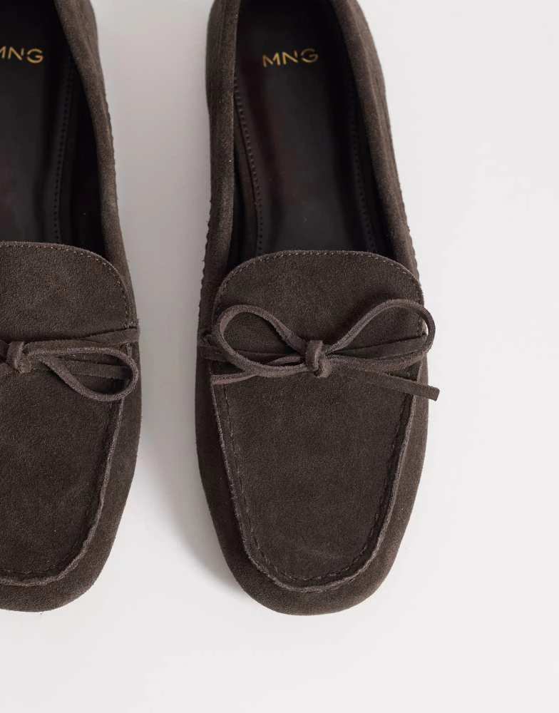 Mango Mango 100% suede loafer with bow detail in chocolate 2
