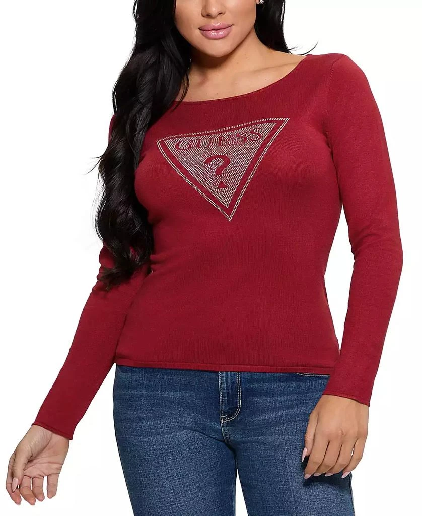 GUESS Women's Eliza Rhinestone-Logo Boat-Neck Sweater 1