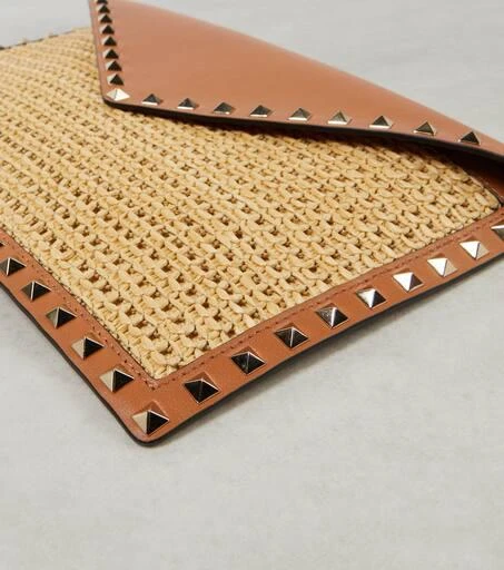 Valentino Rockstud Large leather-trimmed raffia clutch 6