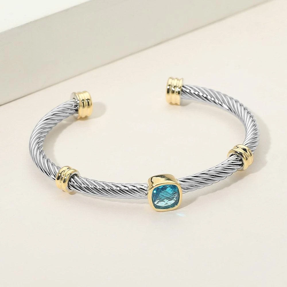 FASHNZFAB Square CZ Bezel Accent Two Tone Twisted Cable Cuff Bracelet