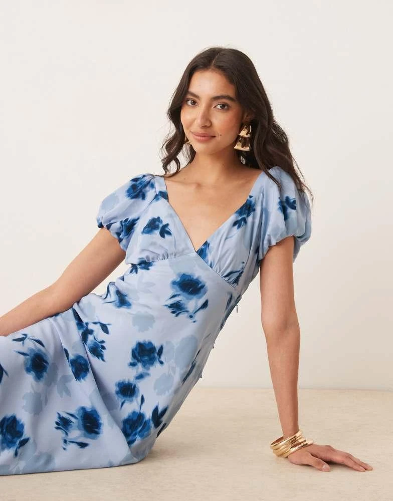 Abercrombie & Fitch Abercrombie & Fitch puff sleeve tie back slip maxi dress in blue floral 2