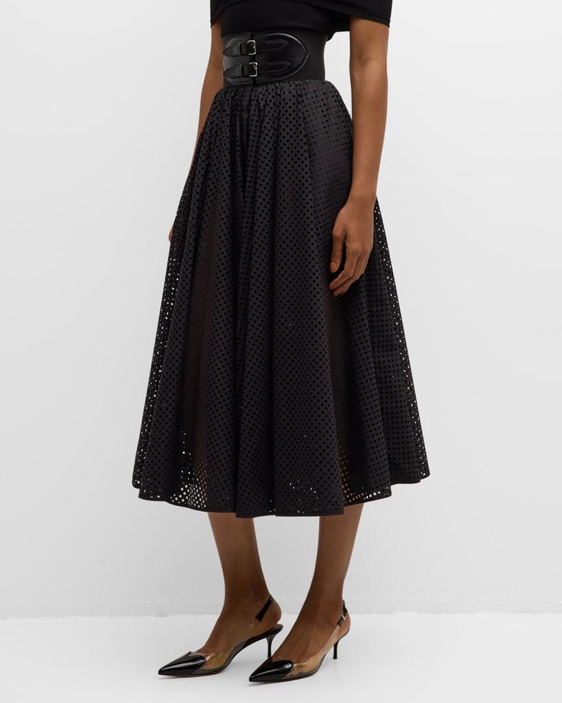 ALAIA Polka-Dot Double-Buckle Belt Midi Skirt