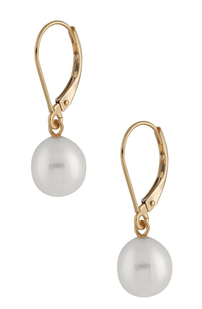 SPLENDID PEARLS 14K Gold 7-7.5mm White Freshwater Pearl Leverback Earrings