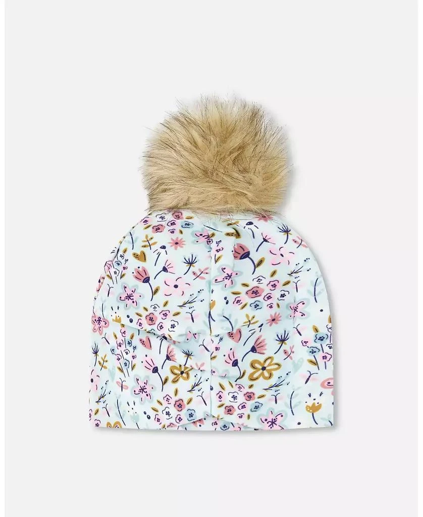 Deux par Deux Baby Girls Stretch Jersey Hat Blue Mini Flower Print with Pompom 4