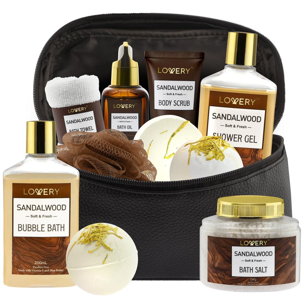 Lovery Luxury Spa Kit for Men - Sandalwood Bath Set - Personal Care Kit in Brown Leather Cosmetic Bag