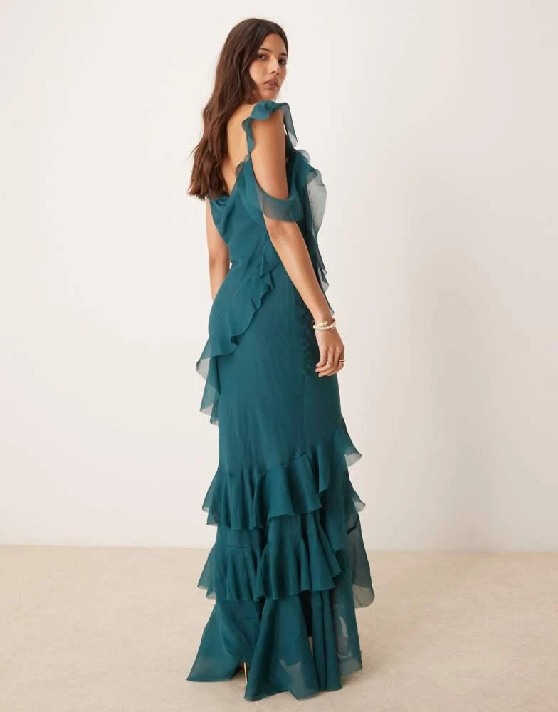 ASOS ASOS DESIGN asymmetric shoulder bias cut maxi dress with ruffle details in pine green 2