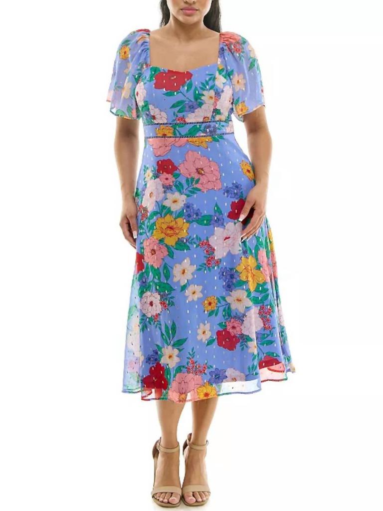 Nina Leonard Floral Sweetheart Neck Midi Dress