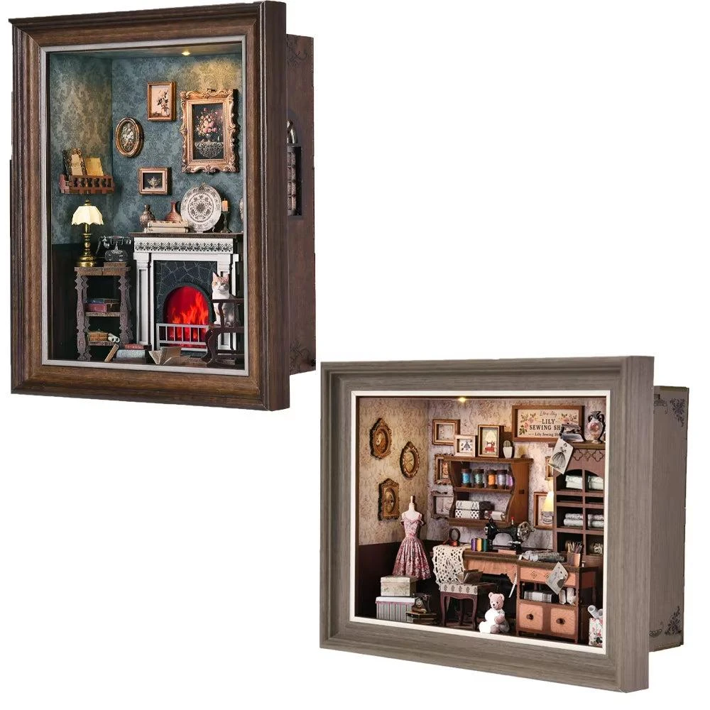 ASLOWSNAIL Tailor
s Shop Book Nook Kit - DIY 3D Wooden Puzzle Dollhouse Photo Frame Ornament and Bookend for Home Decoration - Fireplace and Shop